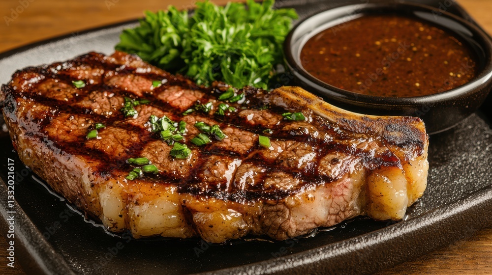 Grilled steak on a sizzling hot plate with melted butter Grilled steak on a sizzling hot plate with melted butter