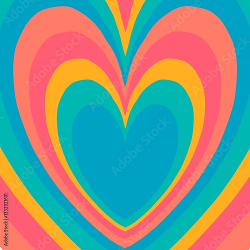 Colorful abstract pattern with concentric heart shapes in blue, pink, orange, and yellow, creating a vibrant, layered design. The pattern radiates from the center, forming symmetrical layers reminisce