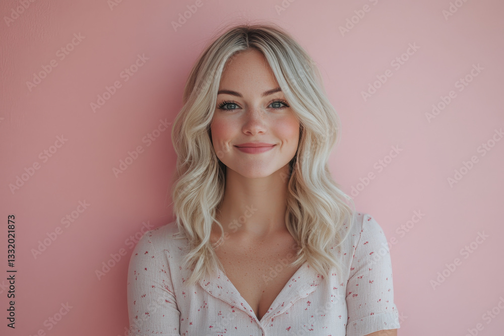 Fototapeta premium Woman with blonde hair and white shirt holding a bouquet of wildflowers in a sunlit meadow, smiling. Tall grass and distant hills in the background.