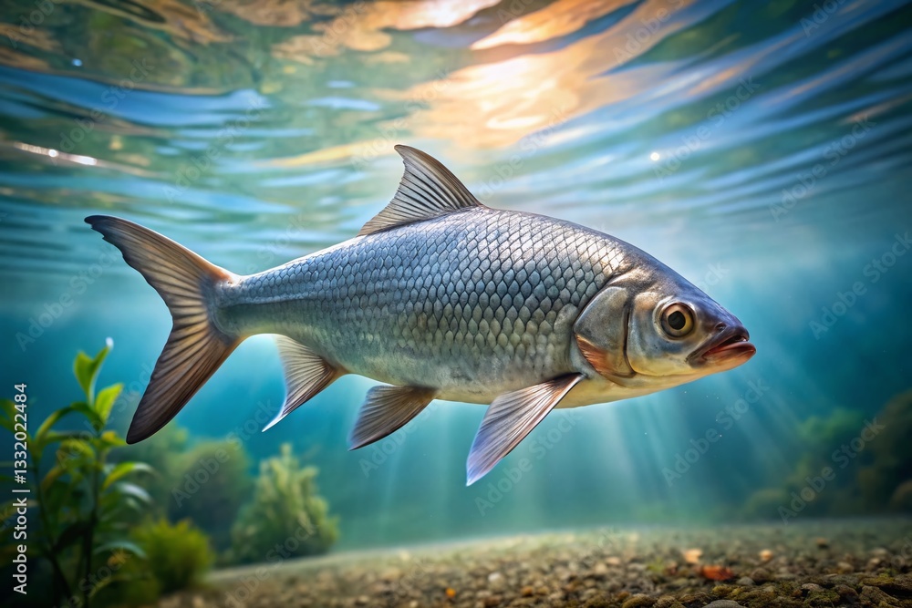 Fototapeta premium Silver Carp Fish Swimming in Water - Stock Photo