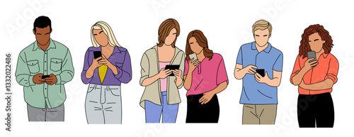 Different People holding, using mobile phones set. Characters with smartphones in hands. Men, women use phones, surfing internet, chatting. Flat vector illustrations isolated