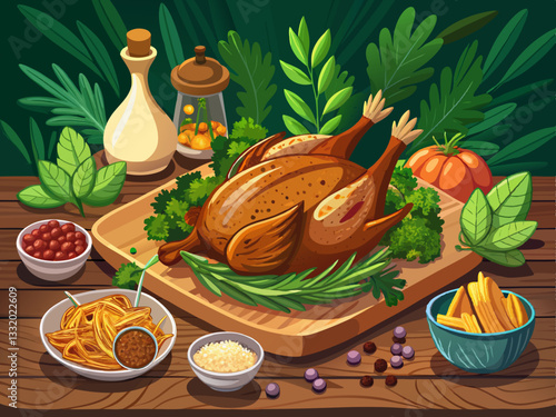 vector of  Beautifully cooked guinea fowl on a rustic wooden table with herbs and spices for gourmet presentation