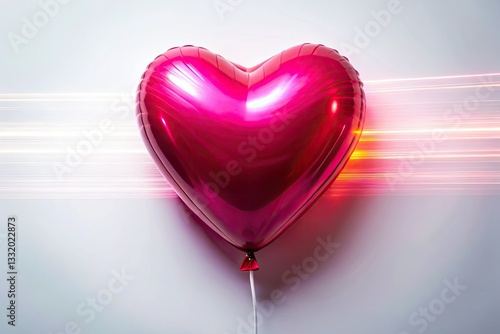 Romantic Valentine's Day: a heart-shaped balloon's light trails blur against a clean white backdrop, creating an abstract image.