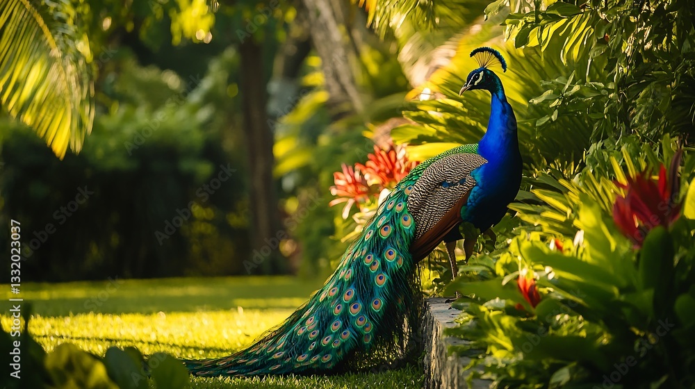Naklejka premium Peacock standing elegantly in a sunlit botanical garden for editorial visual content.
