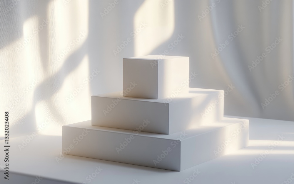 Geometric pedestal and cube arrangement with 3D shapes and architectural design elements Geometric pedestal and cube arrangement with 3D shapes and architectural design elements