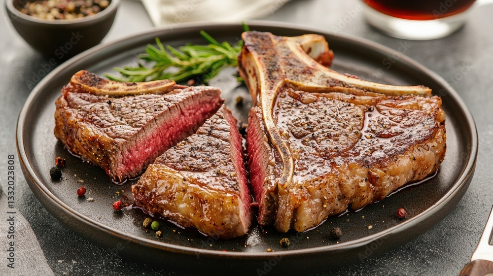 Perfectly grilled T bone steak served rare and sliced elegantly Perfectly grilled T bone steak served rare and sliced elegantly