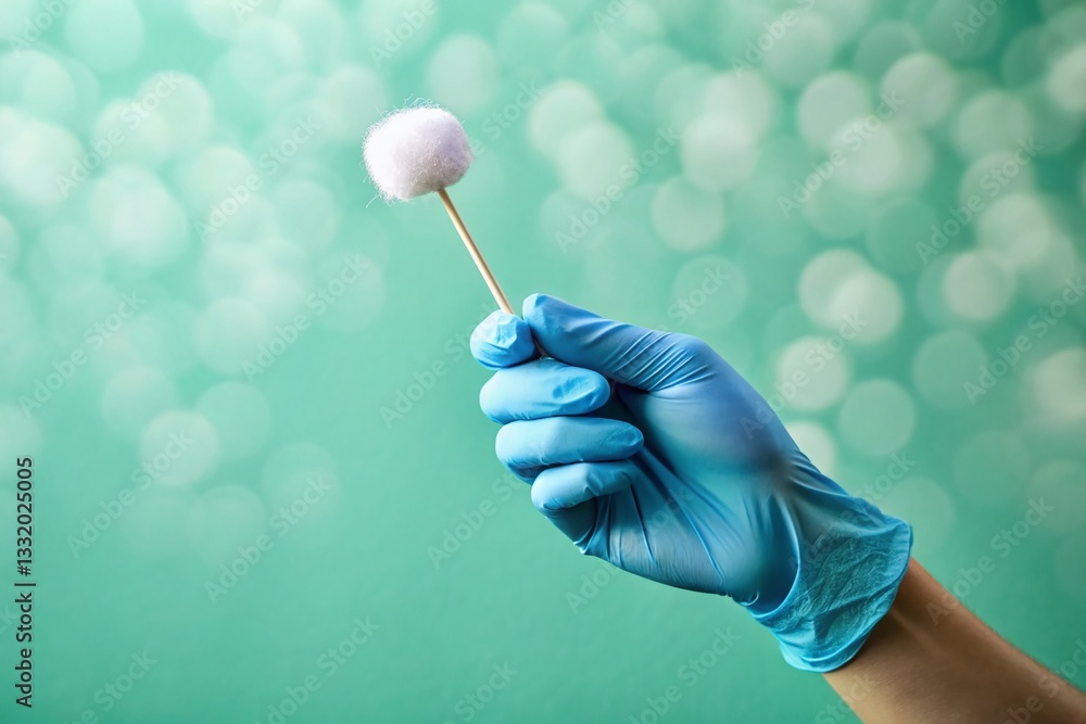 Single Cotton Swab in Blue Glove on Mint Green Background - COVID-19 Testing Single Cotton Swab in Blue Glove on Mint Green Background - COVID-19 Testing