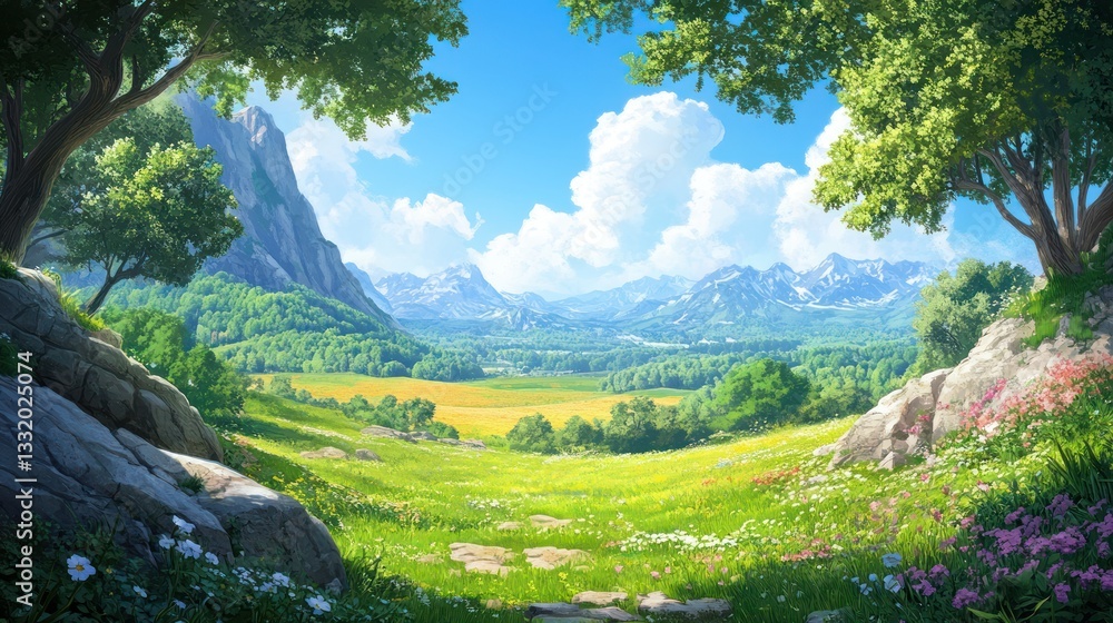 Fototapeta premium Idyllic mountain valley landscape with wildflowers, path, and lush greenery under a vibrant blue sky.