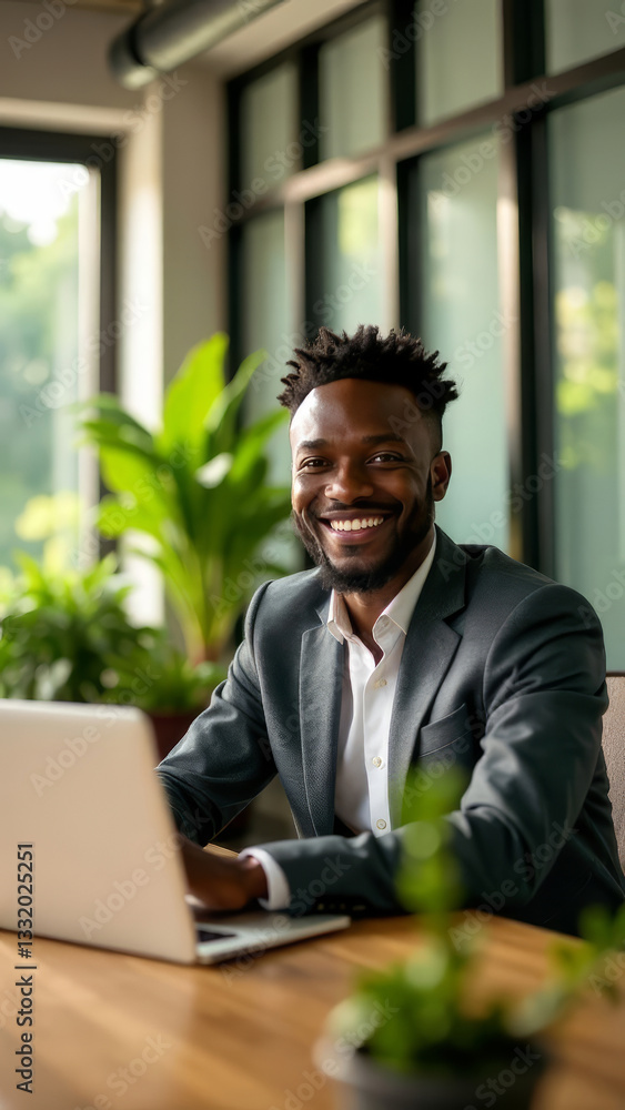 Fototapeta premium Young African-American man, smiling, working on laptop in open modern office with loft interior, green plants, vertical