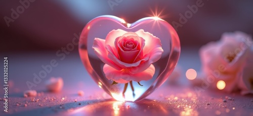 Mother’s Day, Valentine's day, birthday,wedding 3D Concept visualization, a sculpted crystal heart encasing a delicate pink rose