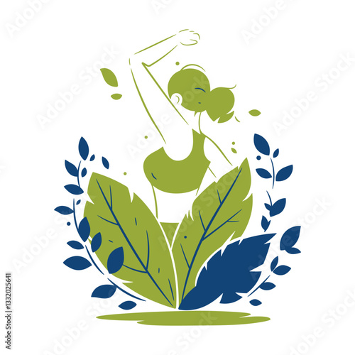 Woman surrounded by green leaves, symbolizing nature, sustainability, and eco-friendly living, logo design. Perfect for beauty, wellness, organic lifestyle, and environmental themes. Isolated vector.