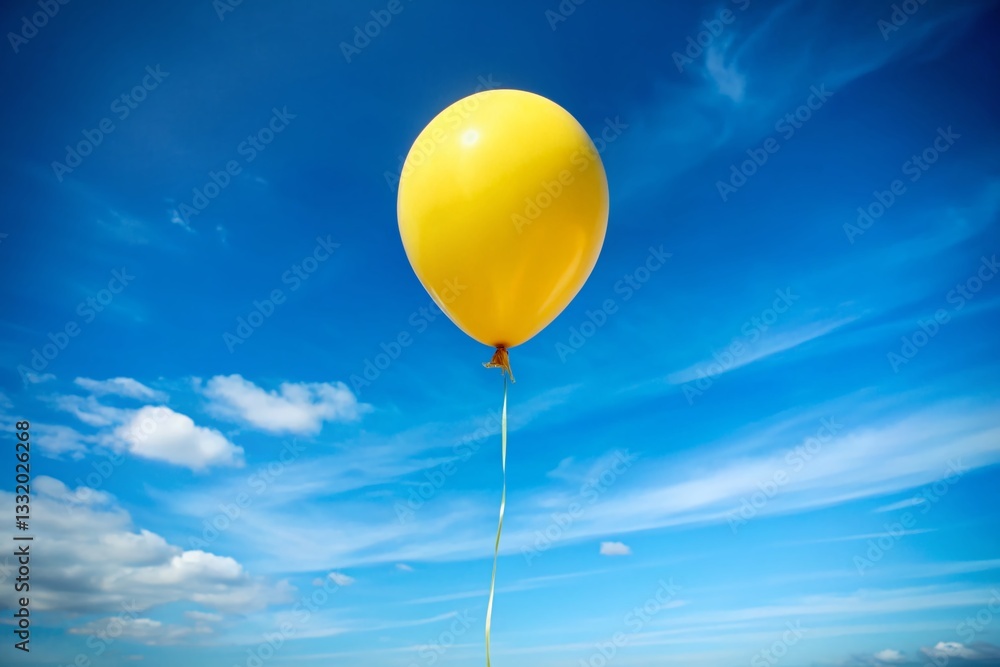 Obraz premium Single Yellow Balloon Floating in Sky - Documentary Style Photography
