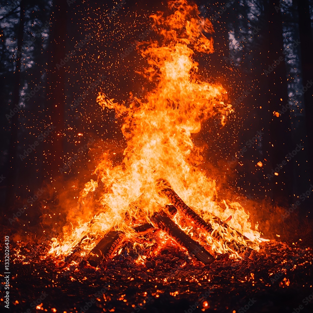 Forest bonfire burning intensely at night Forest bonfire burning intensely at night