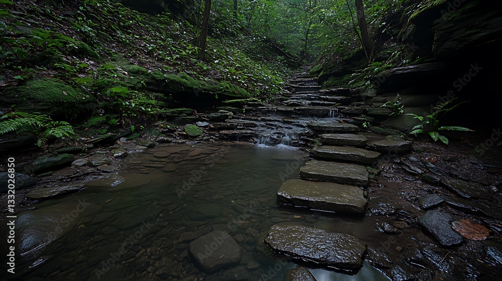 Obraz premium Stone steps crossing a small stream surrounded by lush forest vegetation