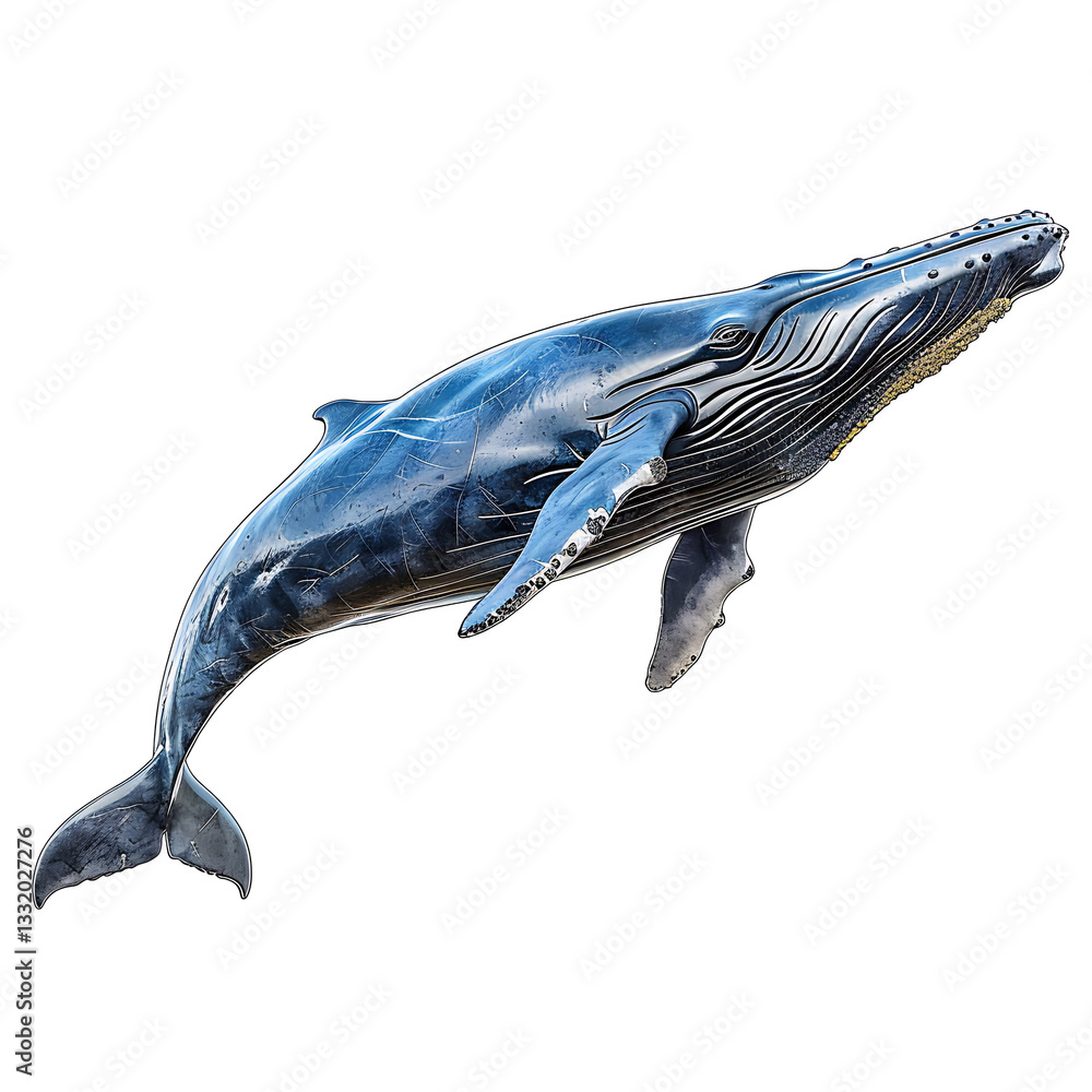 Fototapeta premium Majestic humpback whale swimming gracefully in the ocean depths, showcasing its powerful fin and stunning colors during a bright sunny day