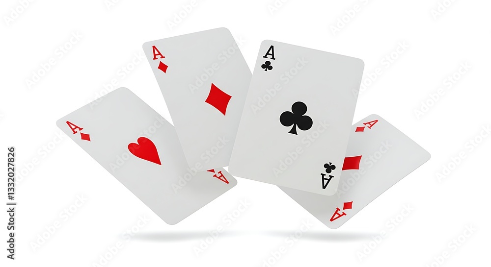 Four Aces Playing Cards Falling White Background red win game luck risk lose poker clubs suits black Four Aces Playing Cards Falling White Background red win game luck risk lose poker clubs suits black