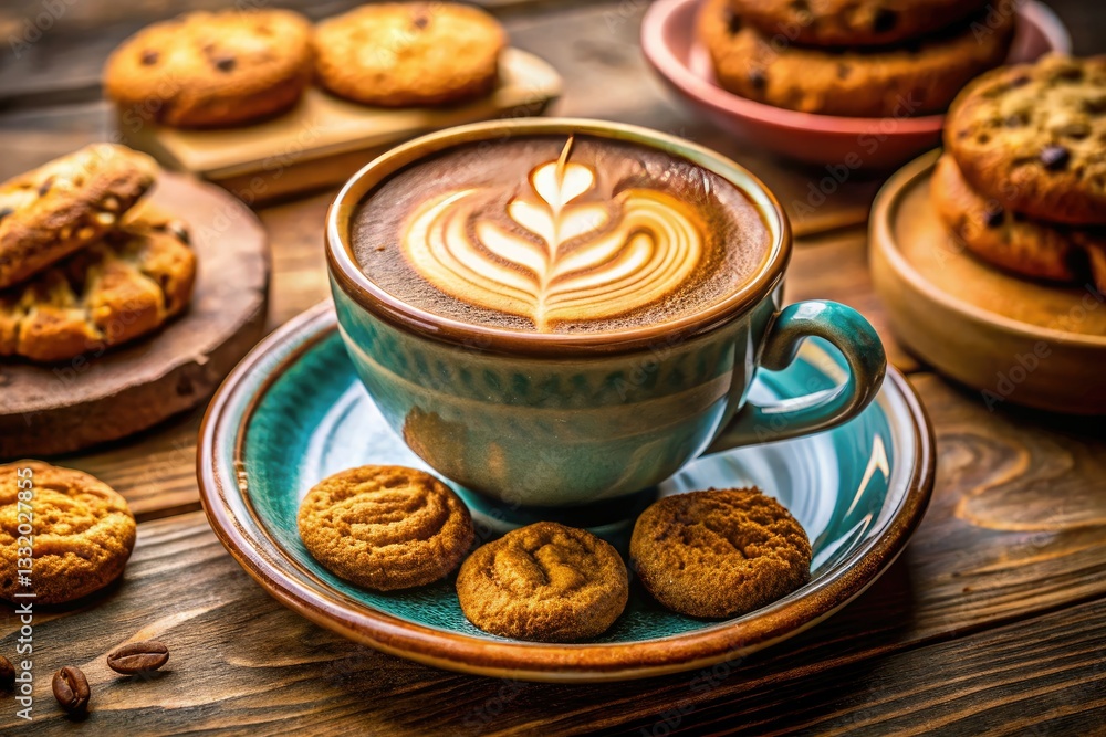Sunlit latte art, miniature coffee, and cookies; a cozy, tilt-shift photography scene. Sunlit latte art, miniature coffee, and cookies; a cozy, tilt-shift photography scene.