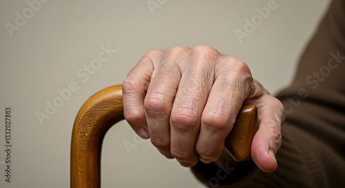 A close-up of a hand gripping a wooden cane, symbolizing support and stability, often associated with aging or mobility assistance.