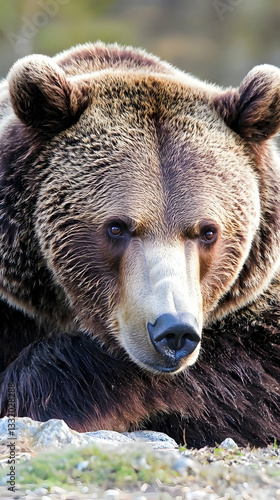 Wallpaper Mural Grizzly bear portrait, resting on rocks, forest background, wildlife photography, nature documentary Torontodigital.ca