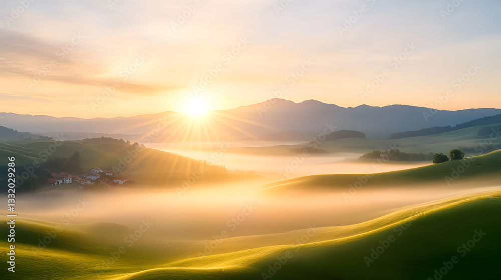Dreamy sunrise scene with golden light shining over green countryside. Great for peaceful backgrounds, inspirational designs or nature retreats. Selective focus Dreamy sunrise scene with golden light shining over green countryside. Great for peaceful backgrounds, inspirational designs or nature retreats. Selective focus