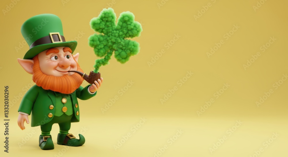 A 3D leprechaun’s pipe smoking with shamrock-shaped smoke, standing on the left side, solid light background, realistic details, space on the right for text A 3D leprechaun’s pipe smoking with shamrock-shaped smoke, standing on the left side, solid light background, realistic details, space on the right for text