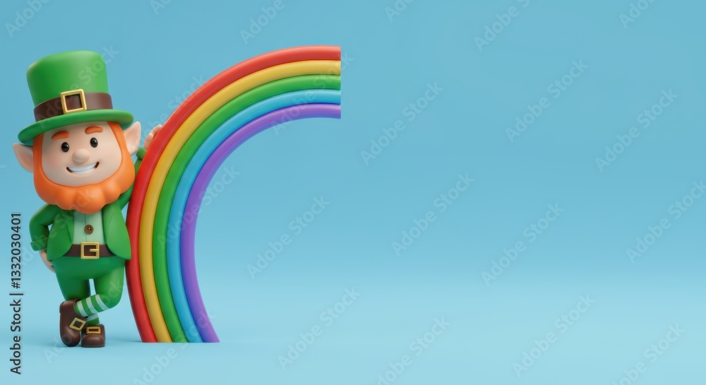 Fototapeta premium A 3D leprechaun leaning on a rainbow, standing on the left side, solid light background, smooth textures, cheeky smile, space on the right for text