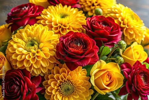 Vibrant yellow and red blooms intertwine in a stunning floral arrangement.