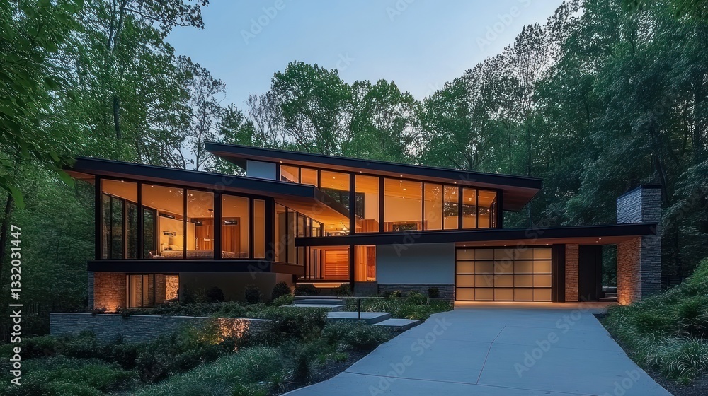 Modern house with glass walls and wood accents at dusk. Modern house with glass walls and wood accents at dusk.
