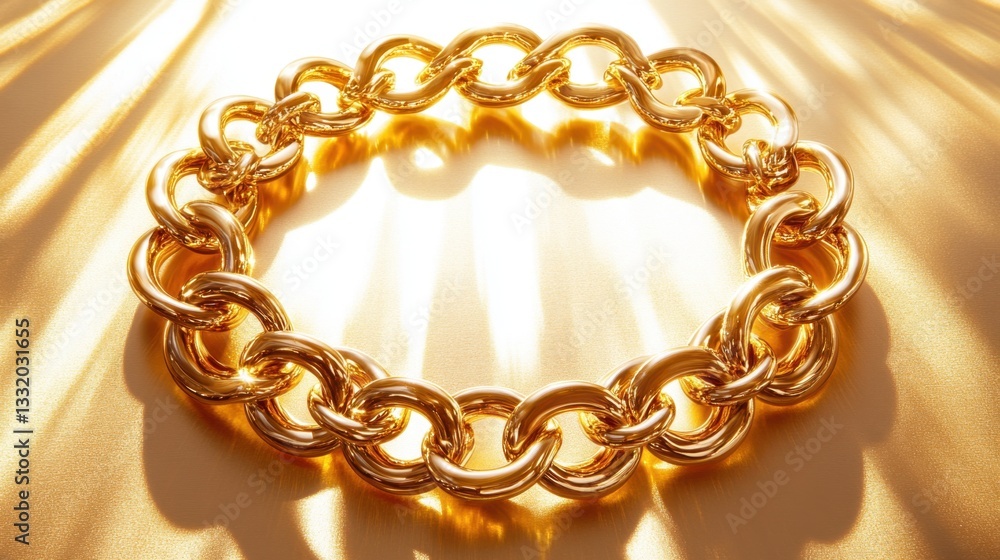 Obraz premium A thick gold chain necklace in an elegant swirl pattern placed on a radiant gold-tone backdrop