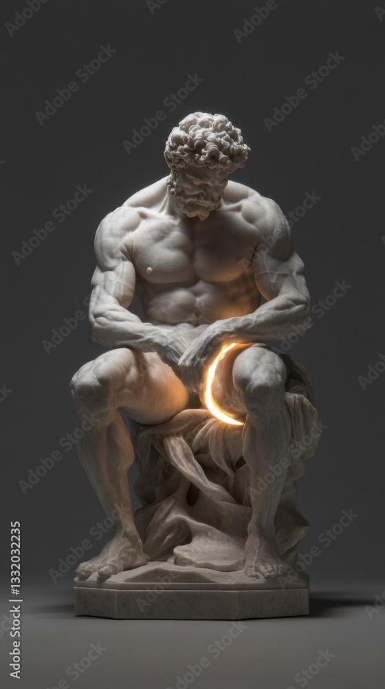 Man sitting on sculpture with glowing circle in hand Man sitting on sculpture with glowing circle in hand