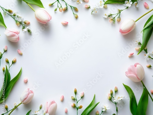 Pink tulips and white flowers with green leaves on white background