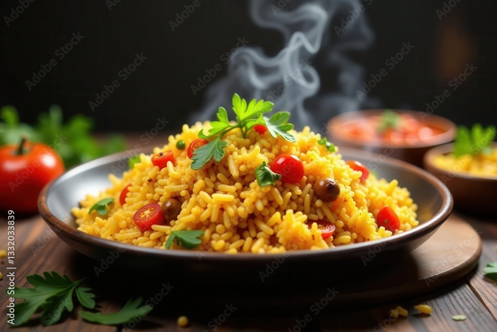 Steaming vegetable biryani, fragrant rice & colorful veggies, menu, home, styling Steaming vegetable biryani, fragrant rice & colorful veggies, menu, home, styling