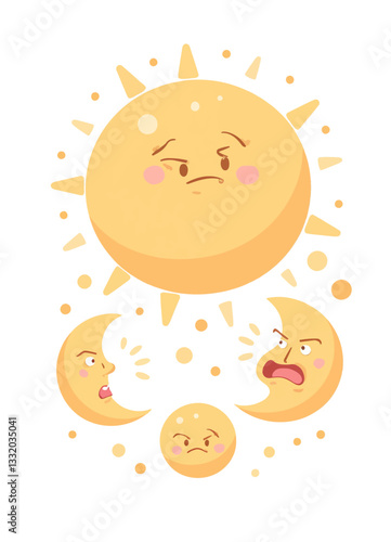 Annoyed cartoon sun with quarreling moons illustration