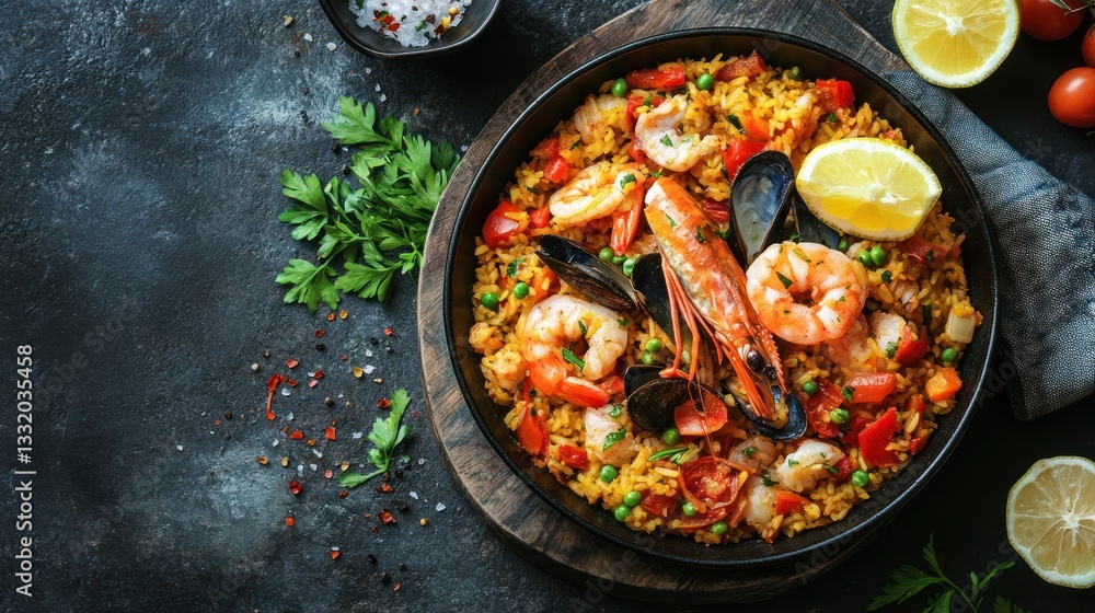 Delicious seafood paella in a black pan, garnished with lemon and parsley. Delicious seafood paella in a black pan, garnished with lemon and parsley.