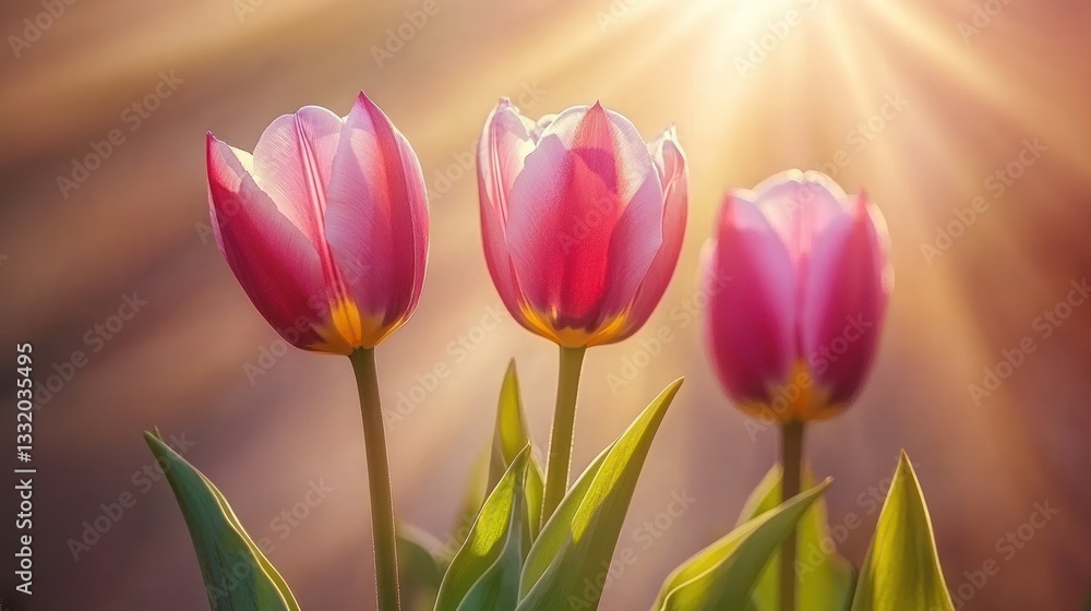 Fototapeta premium Three Pink Tulips Basking in Golden Sunlight