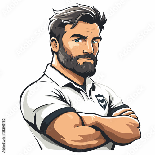 A strong and confident man with a beard, wearing a polo shirt, crossing his arms. He displays a determined and authoritative posture, exuding a sense of strength, masculinity, and leadership