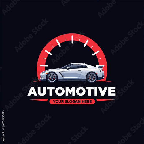 Automotive logo with white car & speedometer graphic on black