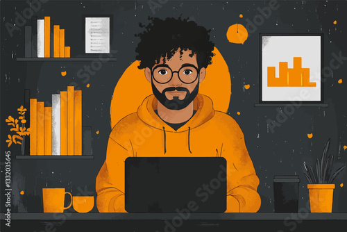 A digital illustration of a person working on a laptop in a cozy home office environment, wearing an orange hoodie, with books and plants in the background, and a calm, focused atmosphere