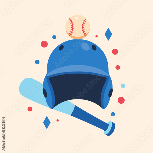 Baseball gear with helmet, ball, and bat flat vector art