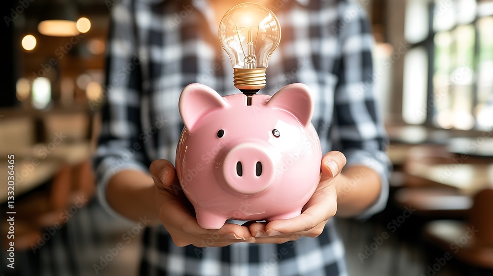 Obraz premium Person holding pink piggy bank with a lit light bulb on top