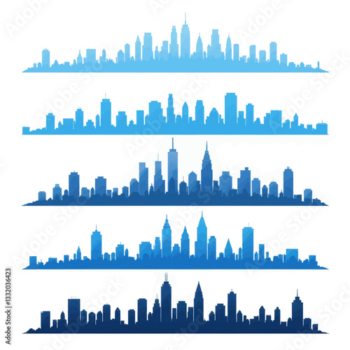 Blue city skyline silhouette collection on white