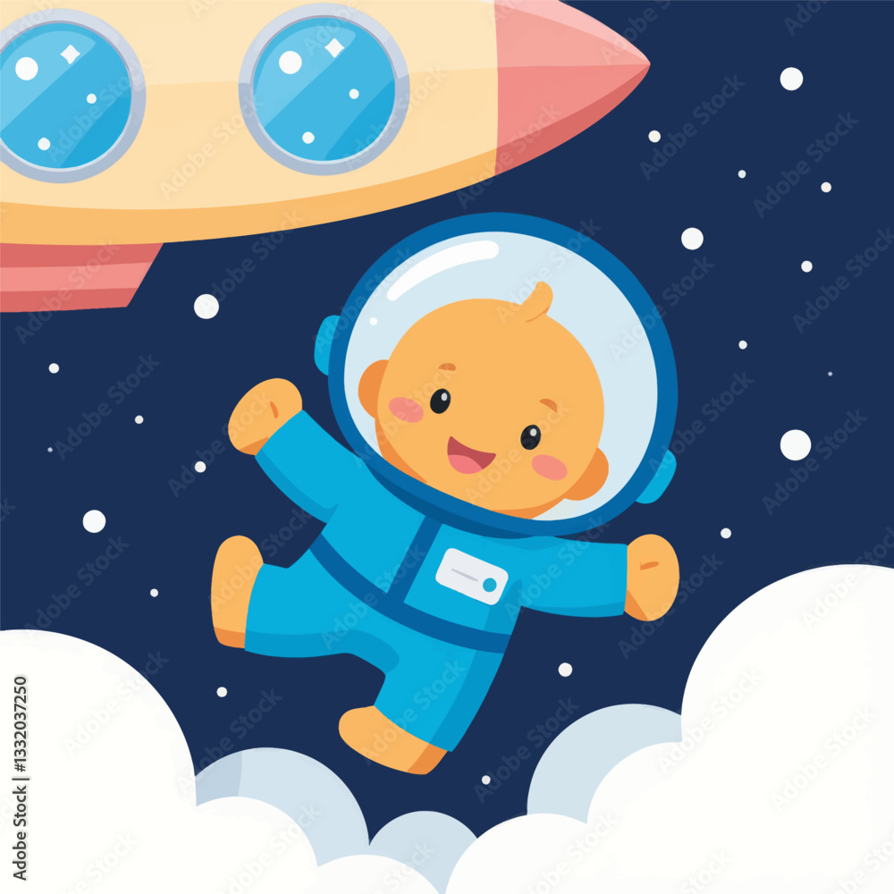 Fototapeta premium Cartoon baby astronaut with rocket in space illustration