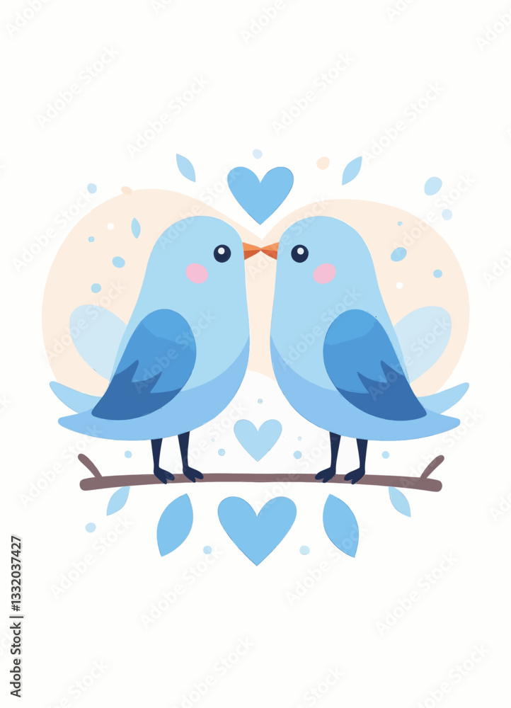 Cartoon Bluebirds in Love, Sharing a Kiss on a Branch Cartoon Bluebirds in Love, Sharing a Kiss on a Branch