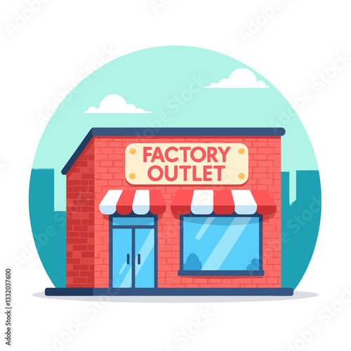Cartoon brick factory outlet with striped awnings