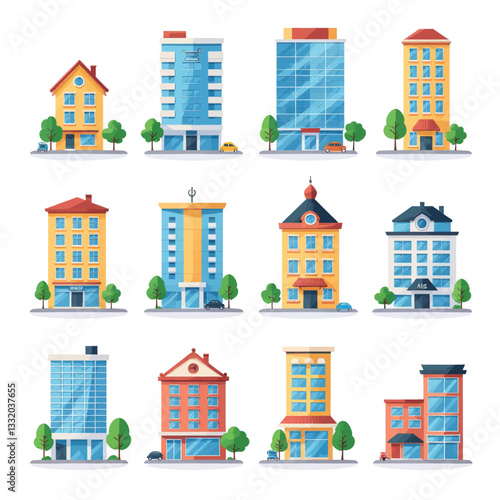 Cartoon Building Set: Diverse Architectural Styles
