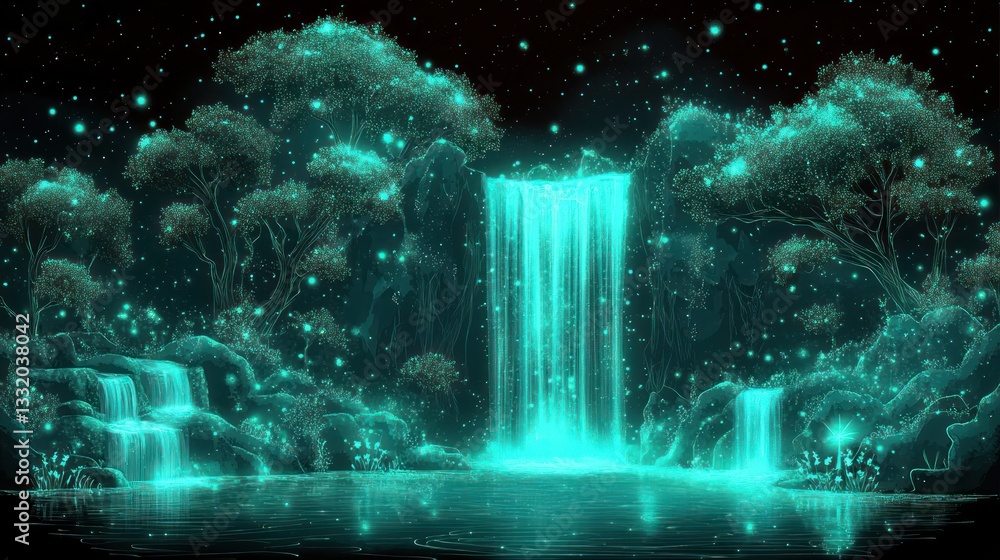 Glowing teal waterfall cascading into a serene pool, surrounded by luminous trees and starry night. Glowing teal waterfall cascading into a serene pool, surrounded by luminous trees and starry night.