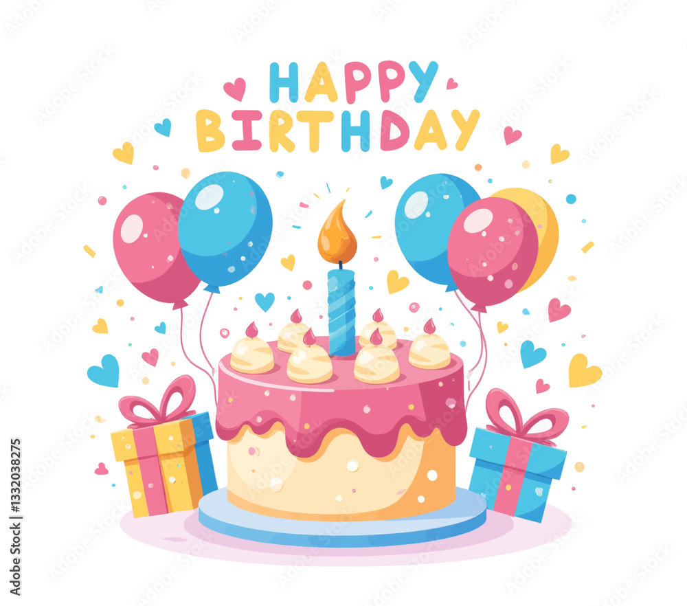 Cartoon Happy Birthday Cake, Balloons, and Gifts Cartoon Happy Birthday Cake, Balloons, and Gifts