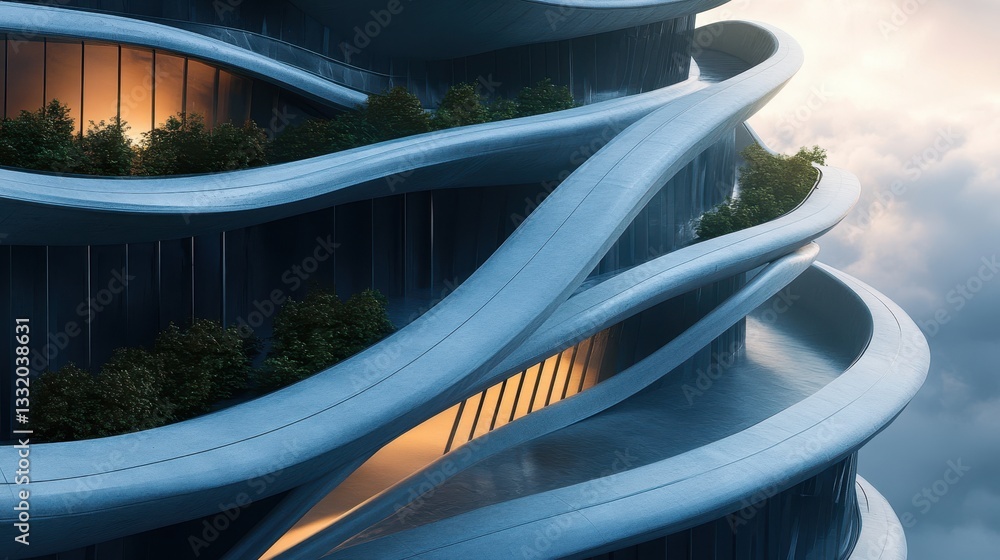A modern architectural marvel with smooth, flowing lines, illuminated by soft light, showcasing vibrant greenery atop its curves. A modern architectural marvel with smooth, flowing lines, illuminated by soft light, showcasing vibrant greenery atop its curves.