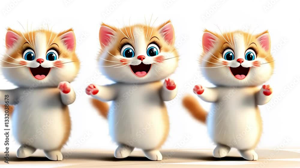 Three funny happy cats dancing and smiling. Cute joyful white kittens dancing cheerfully. Funny animation with dancing cartoon cats Three funny happy cats dancing and smiling. Cute joyful white kittens dancing cheerfully. Funny animation with dancing cartoon cats