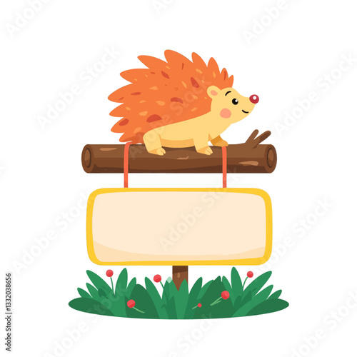 Cartoon hedgehog on a blank sign with green grass and flowers